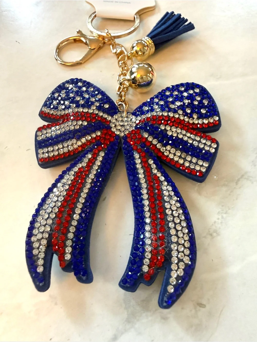✨ NWT USA Patriotic Rhinestone Crystal Coquette Bow Puffy Keychain & Bag Charm ✨